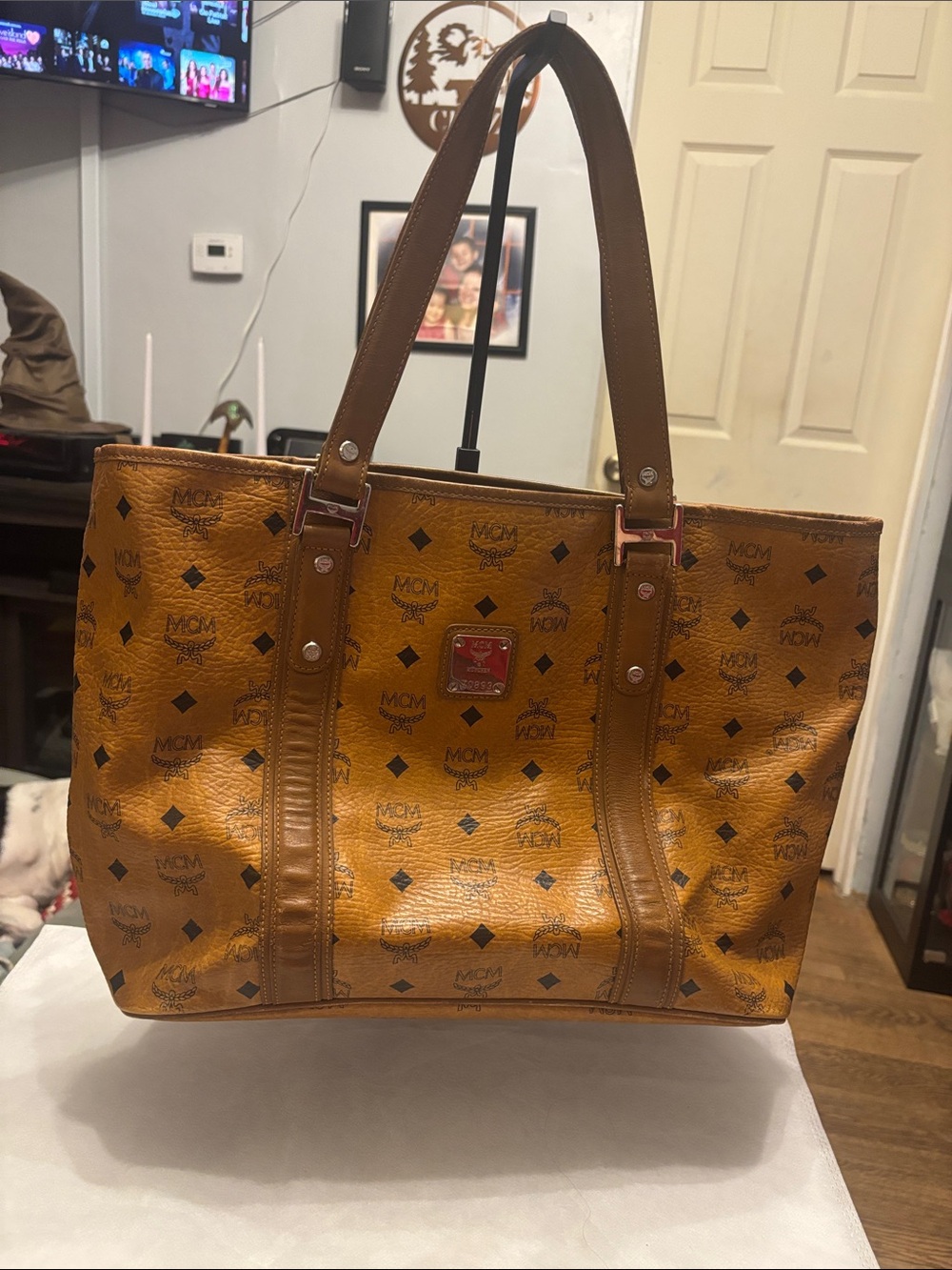 MCM Cognac Visetos Logo Canvas Tote with Brown Leather Trim